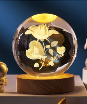 Rakkaus Sydän Kukka 3D Aurinkokunta Kristallipallo Yövalo LED-puisella jalustalla