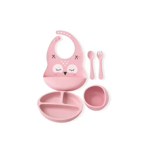 silikoninen ruokailusetti vauvalle pinkki 5 osaa pöllökuvio